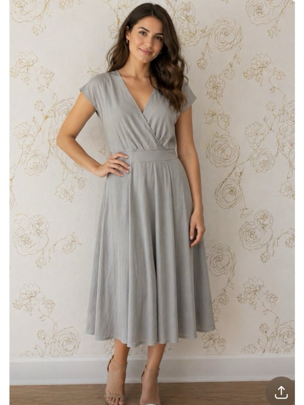 HALARA Dress size Large V Neck Short Sleeve Side Pocket Midi Ribbed  Gray NWT